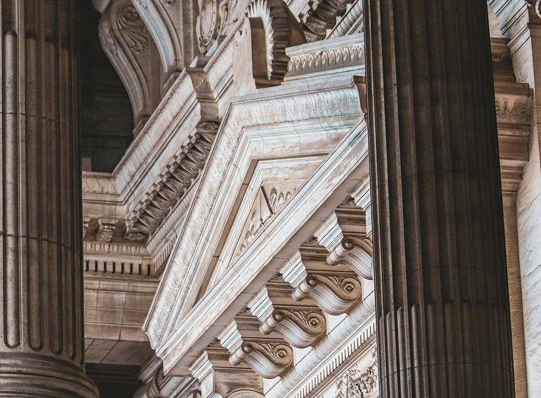 Carved stone pediment and columns of a courthouse