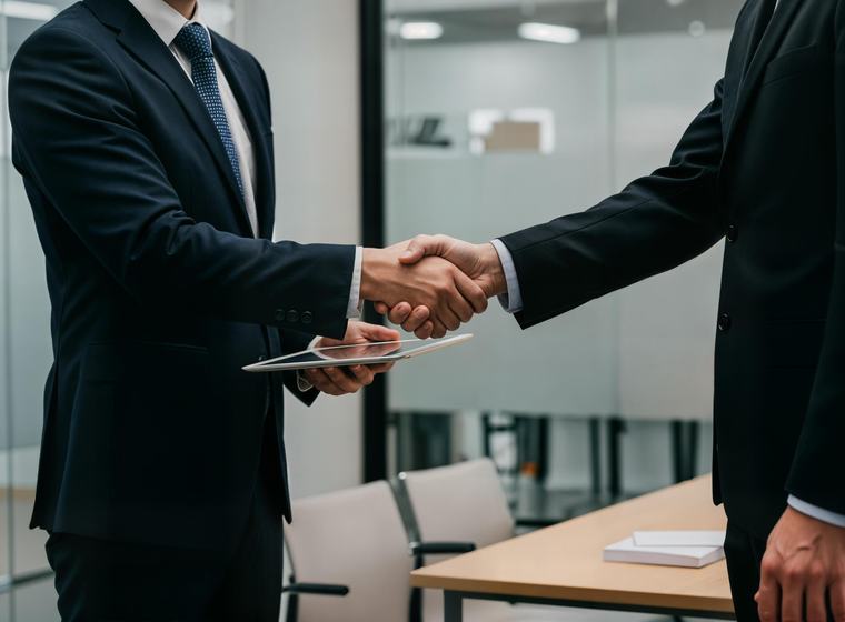 Two people shaking hands in an office